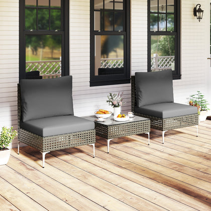 3 Pieces PE Rattan Conversation Set Patio Furniture Set Grey