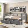 Single Wood Kids Storage Bed w/ 2 Drawers & Bookcase Headboard, Guardrail, Grey
