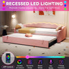 Daybed Velvet Sofabed LED Single Sofa Bed With Pull Out Trundle Guest Bed Pink