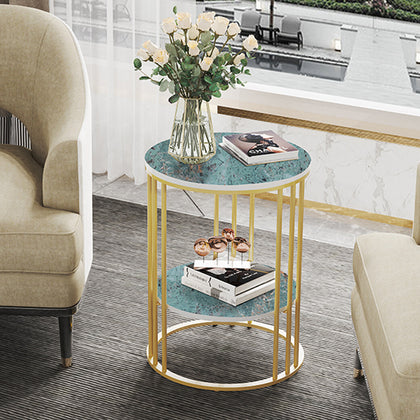 2-Tier Modern Round Coffee Table Sofa Side Table Emerald Green Marble Nightstand