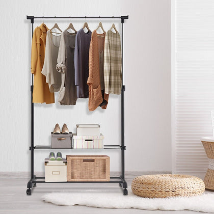 2 in 1 Rolling Garment Rack Height-adjustable Clothes Rack w/ Bottom Shelf