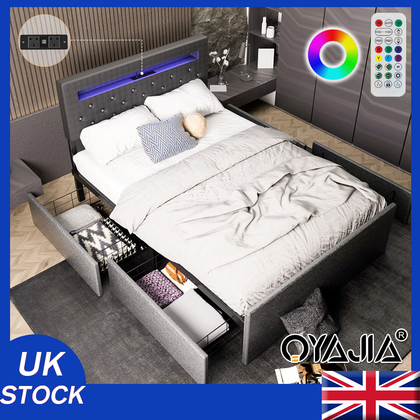 4FT6 Double Bed Frame with 4 Storage Drawers LED Upholstered Headboard HOT