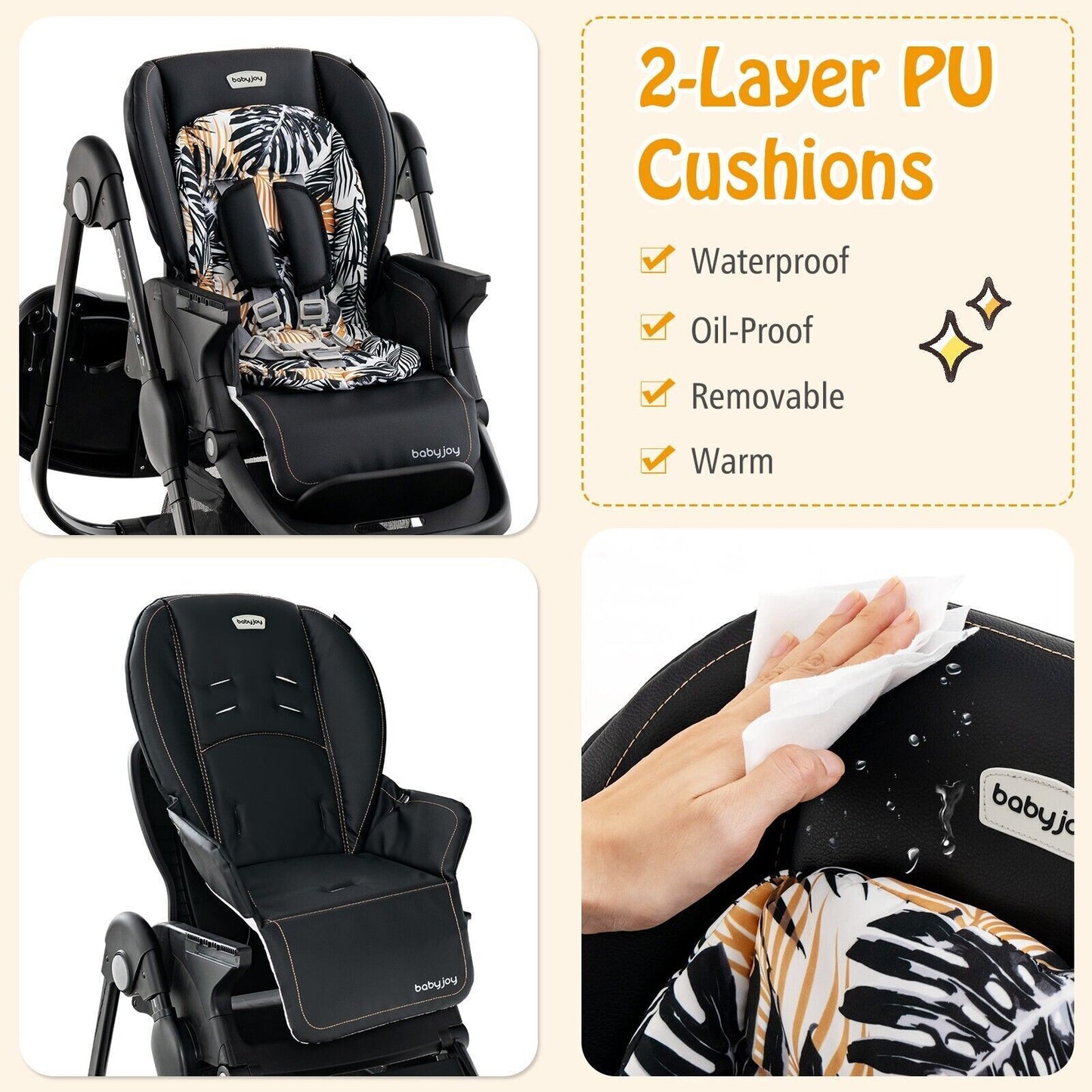 Folding Baby High Chair Adjustable Convertible High Chair W/ Removable Meal Tray