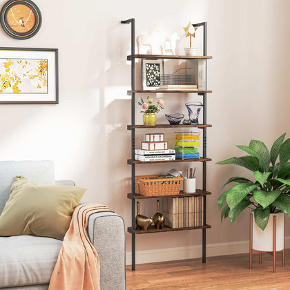6-Tier Ladder Shelf Open Display Shelf with Metal Frame-Coffee