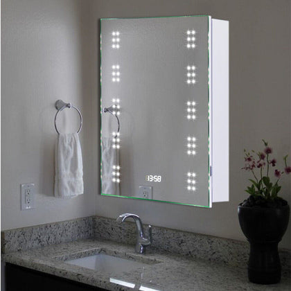 Aluminum Bathroom Mirror Cabinet LED Illuminated Storage with Clock Socket Light