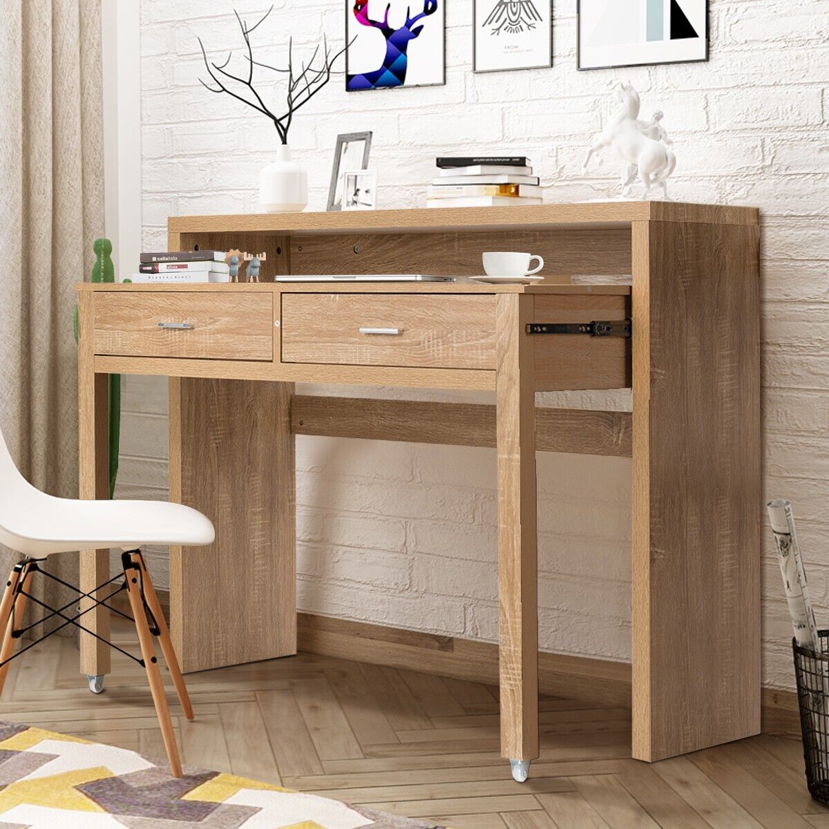 Costway Extending Writing Desk Console Table Wood Study Workstation w/2 Drawers