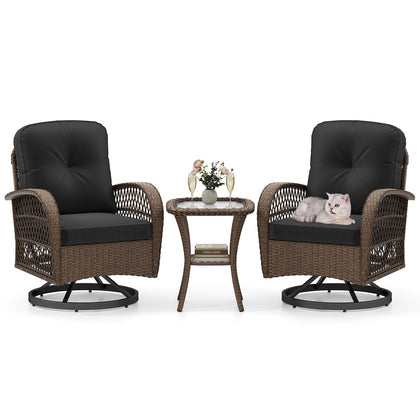 3 Pcs Patio Rattan Bistro Set 360° Swivel Outdoor Rocking Chairs-Black
