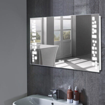 80cm Wall Illuminated LED Bathroom Mirror with Light Demister Touch Sensor Clock