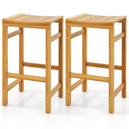 Bar Stool Set of 2 Acacia Wood Garden Chairs Saddle Shaped Kitchen Dining Stools
