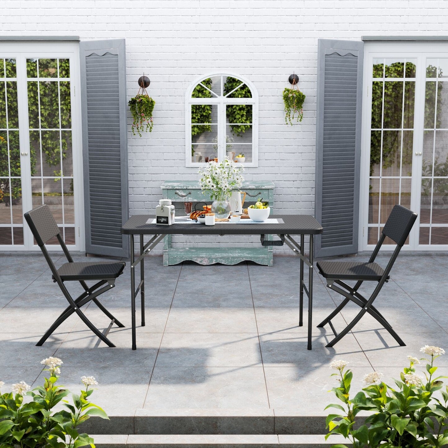 Rattan Garden Dining Table and Chairs Set Folding Camping BBQ Picnic Table Bench