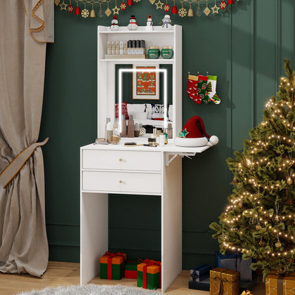 Modern Dressing Vanity Table with LED Light Mirror Fold-up Side Panel 2 Drawers