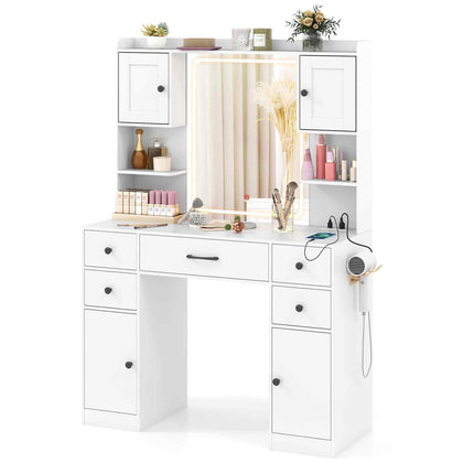 Makeup Vanity Desk Dressing Table w/Charging Station& Mirror-White