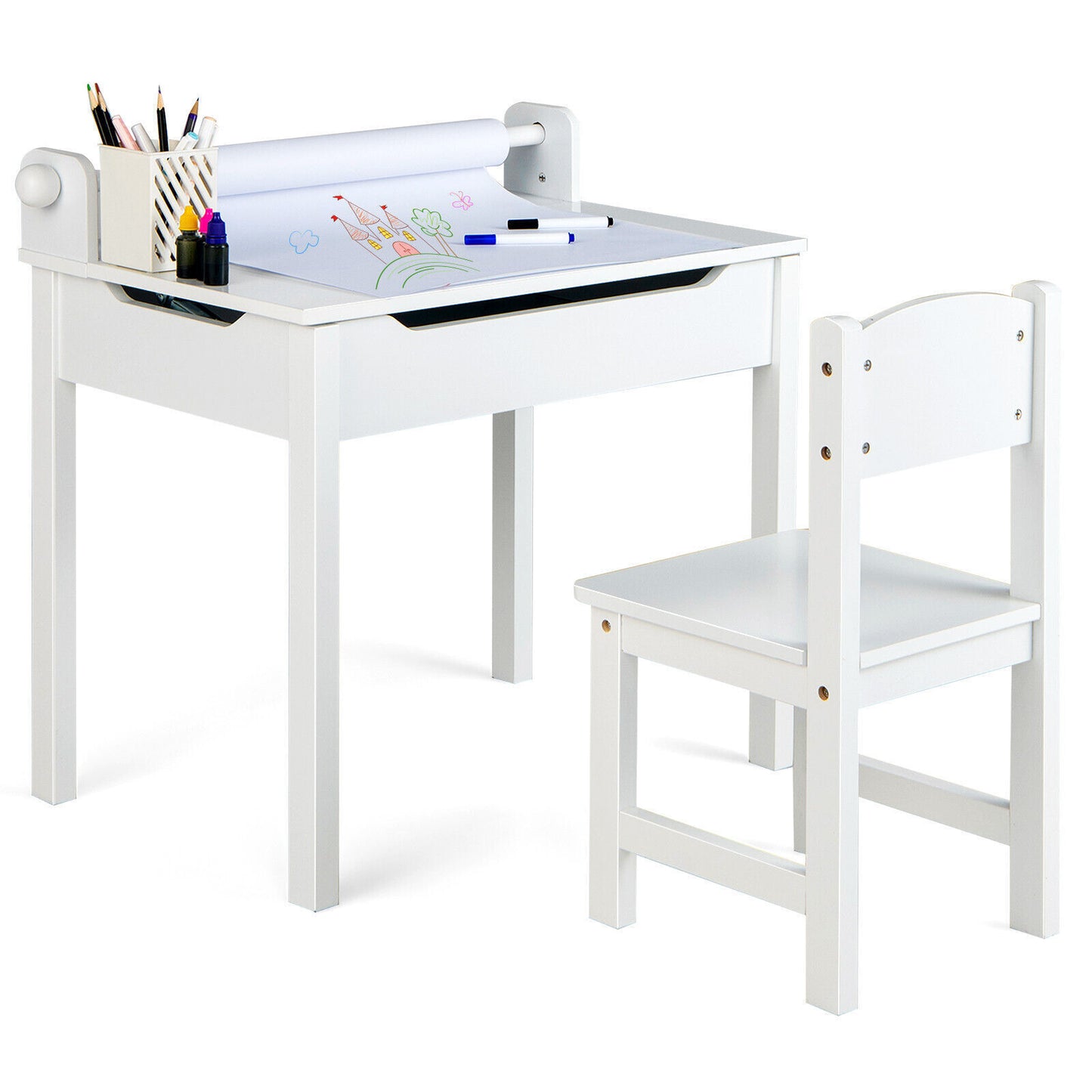 Kids Art Table Set Children Wooden Lift-Top Craft Desk & Chair w/Markers