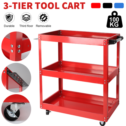 3 Tier Tool Storage Heavy Duty Garage Trolley Workshop DIY Wheel Cart Shelf Red