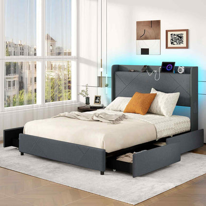 5FT Upholstered Platform Bed King Size Bed Frame w/Charging Station