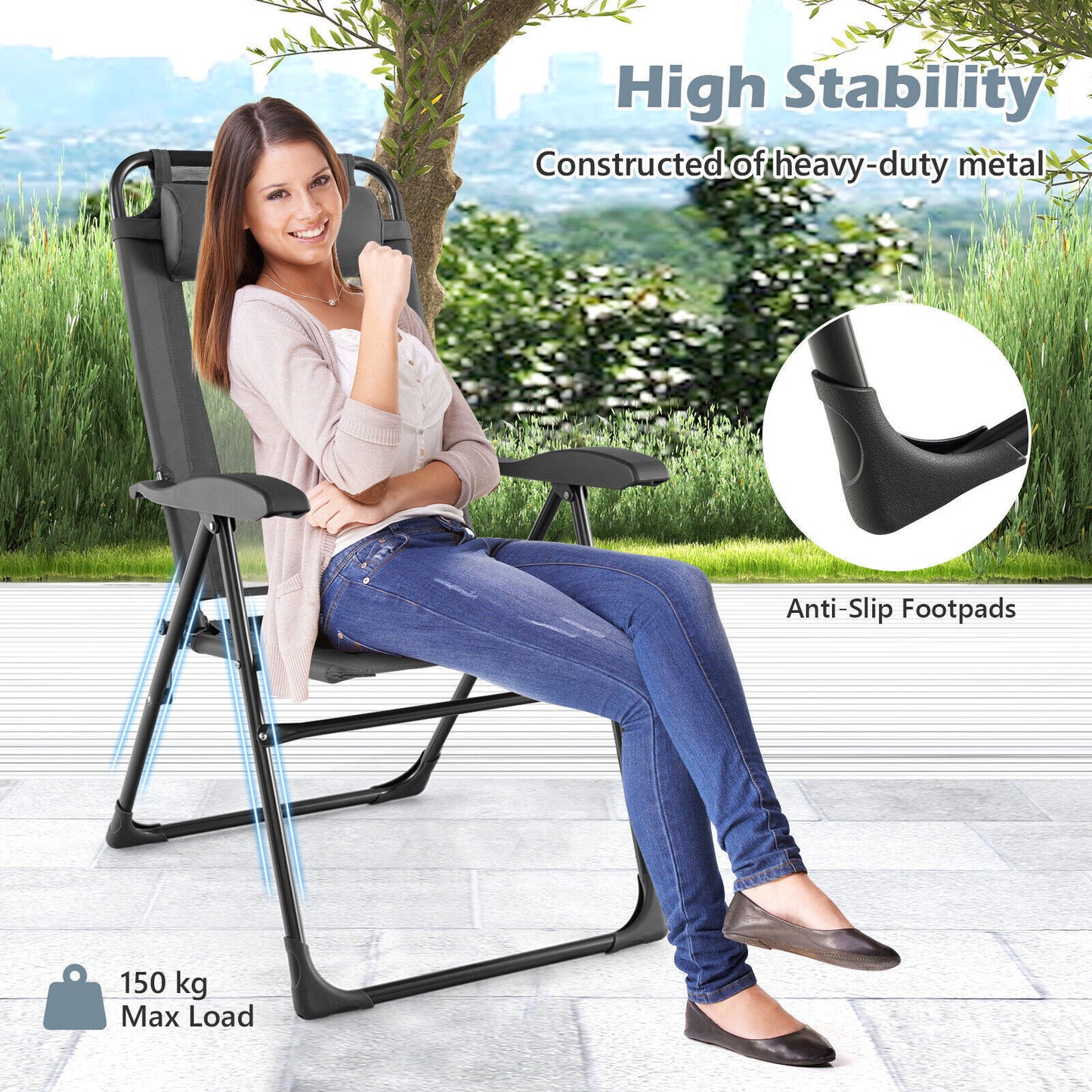 Patio Folding Chairs Set of 2 Outdoor Reclining Chairs Adjustable Outdoor Lounge