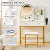 Dressing Table Round Mirror LED Lights Stool Vanity Table Makeup Desk Gold Leg