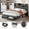 Double Bed Frame with 2 Storage Drawers, Charging and Lighting Headboard Grey
