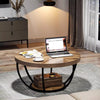 Wooden Round Coffee Table, Rustic 2-Tier Wooden Center Table w/ Storage Shelves