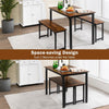 3 PCS Brown Dining Table Set Dining Table & 2 Benches Kitchen Space-Saving