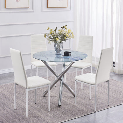 4x White Faux Leather Dining Chairs&Round Marble Glass Dining Table Silver Legs