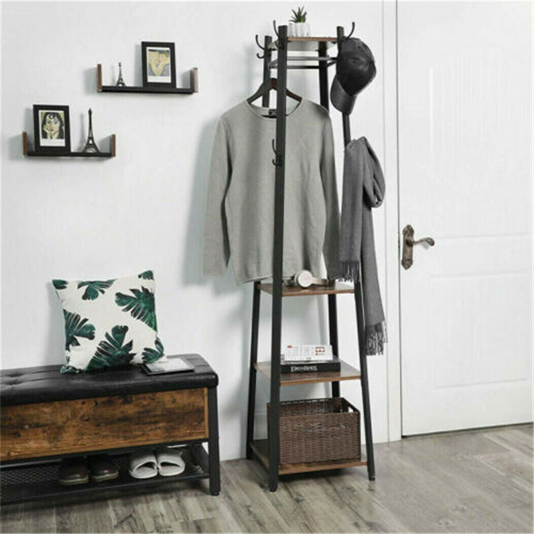 180cm Coat Stand Corner Garment Hat Rack Clothes Rails Hanger w/ 4 Storage Shelf
