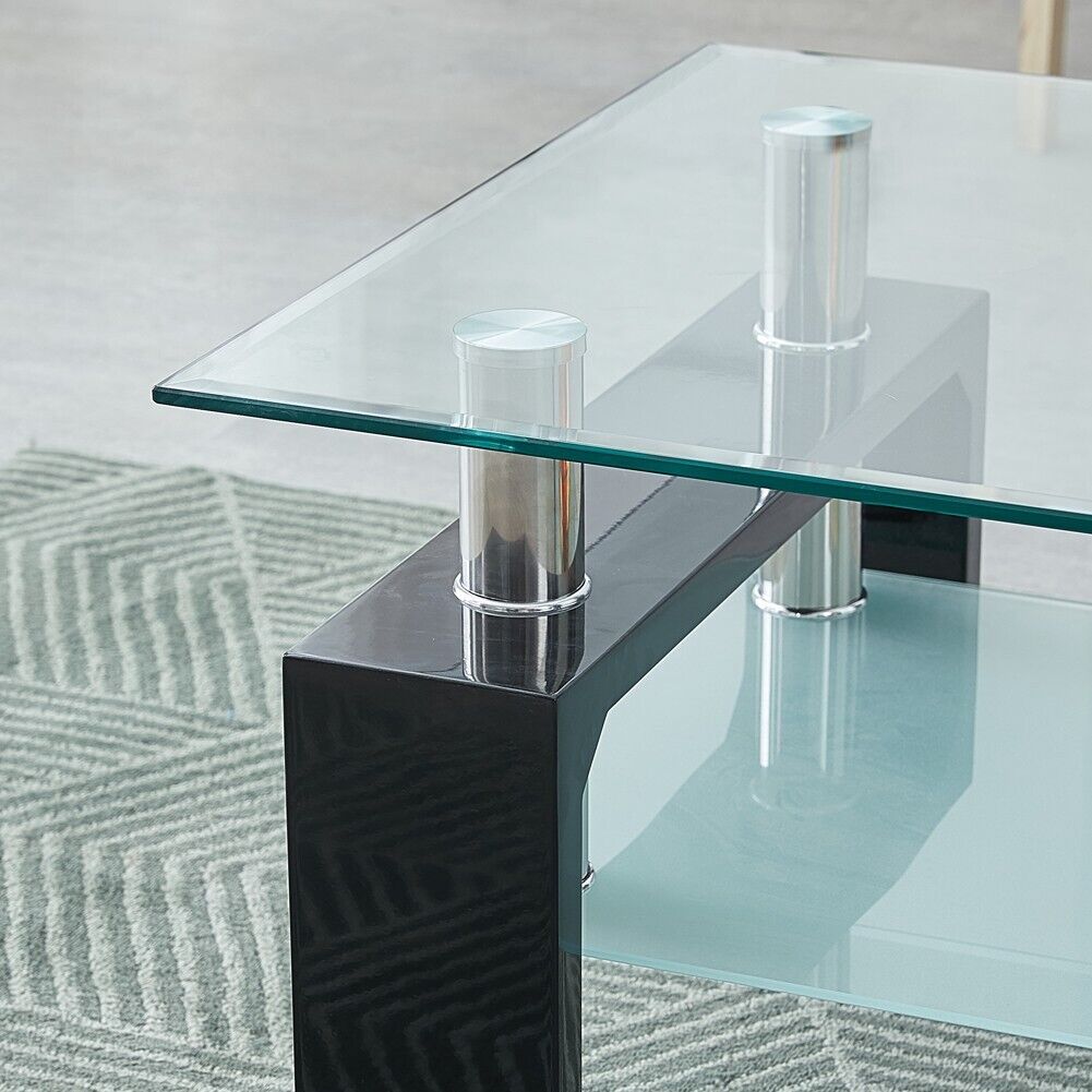 Modern Black Glass Coffee Table MDF Shelf Storage Living Room Rectangular