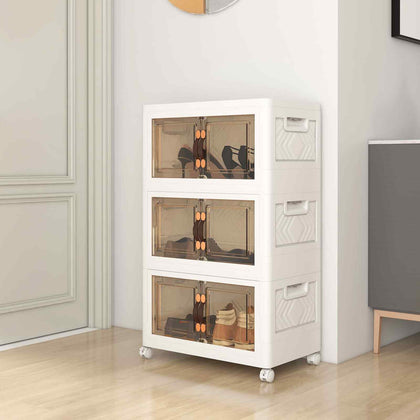 3 Tier Stackable Storage Box Folding Shoe Cabinet w/Lockable Wheels-White