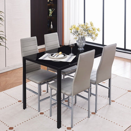 4x Grey Faux Leather Dining Chairs with Black Tempered Glass Dining Table Set