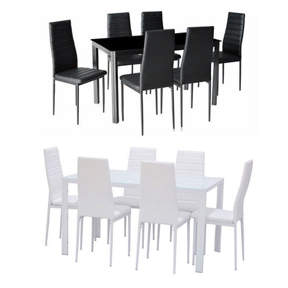 4/6 Seats Black White Dining Table with Upholstered Chairs Tempered Glass Tables