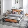 Farmhouse Style King Size Bed Frame with Steel Slat Support and Rustic Wood Pane