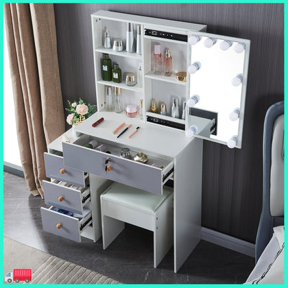 Large Dressing Table Stool Set with LED Lighted Mirror Vanity Makeup Desk White
