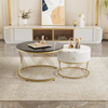 Round Nesting Coffee Tables with Drawer Set of 2 High Gloss Marble Pattern Top