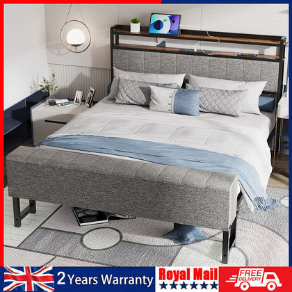 Luxury Upholstered bed frame with Headboard & Footboard/Heavy Duty Slat Qscaxtsp