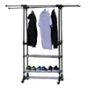 Extendable Mobile Clothes Garment Two Hanging Rails Stand with 3-Tier Shoes Rack