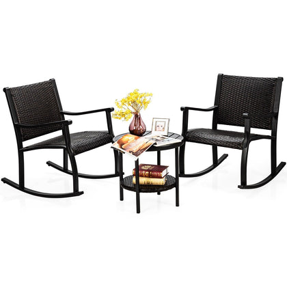 3 Pieces Garden Wicker Furniture Outdoor Rocking Chairs w/Tempered Glass Table