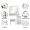 Mirrored Dressing Table with LED Light 5 Draweer Desk Table And Stool Glass TOP
