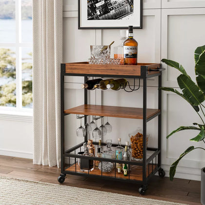 Mobile Bar Serving Trolley Drinks Shelves Kitchen Cart Wine Glasses Storage Rack