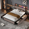 Single Bed Frame with LED Lights, 4 Drawers, Charging Station Metal Platform Bed