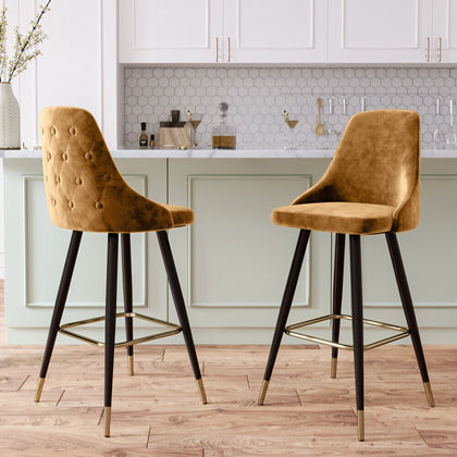 2Pcs Velvet High Bar Stools Breakfast Kitchen Counter Chairs Gold Metal Footrest