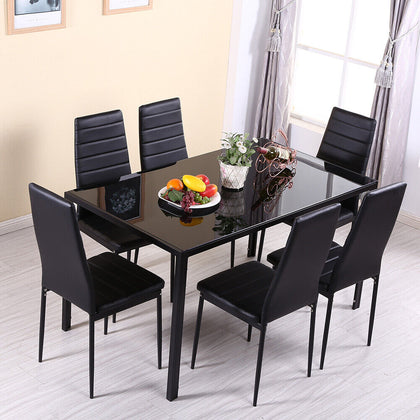 3 sizes Black Glass Dining Table and 4/ 6 Faux Leather Chairs Set Home Furniture