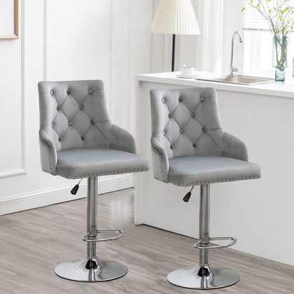2x Velvet Bar Stools Kitchen High Chair Button Tufted Back Breakfast Stools Grey