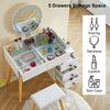 Dressing Table LED Round Mirror Vanity Glass Top Make up Desk Stool Cabinet Set