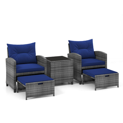 5 Piece Patio Rattan Furniture Wicker Chairs Set w/ 2 Ottomans Navy