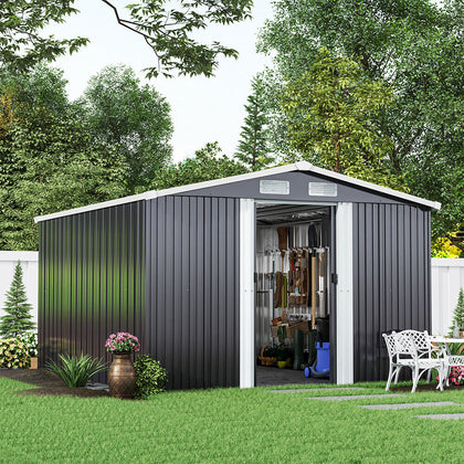 10X8FT Metal Steel Garden Shed Apex Roof W/ Free Base Storage House Ventilation