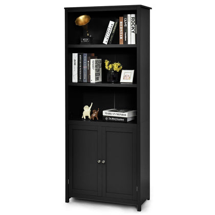 Modern Freestanding Bookcase Wooden Storage Cabinet w/ Open Shelves and 2 Doors