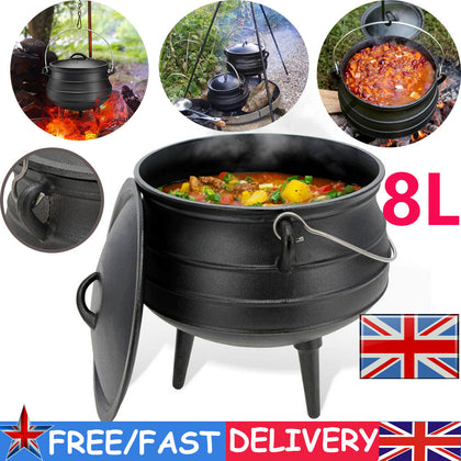 8L Litre Cast Iron Potjie African Pot Deep Camping Cooking Pot Campfire Stew Pot