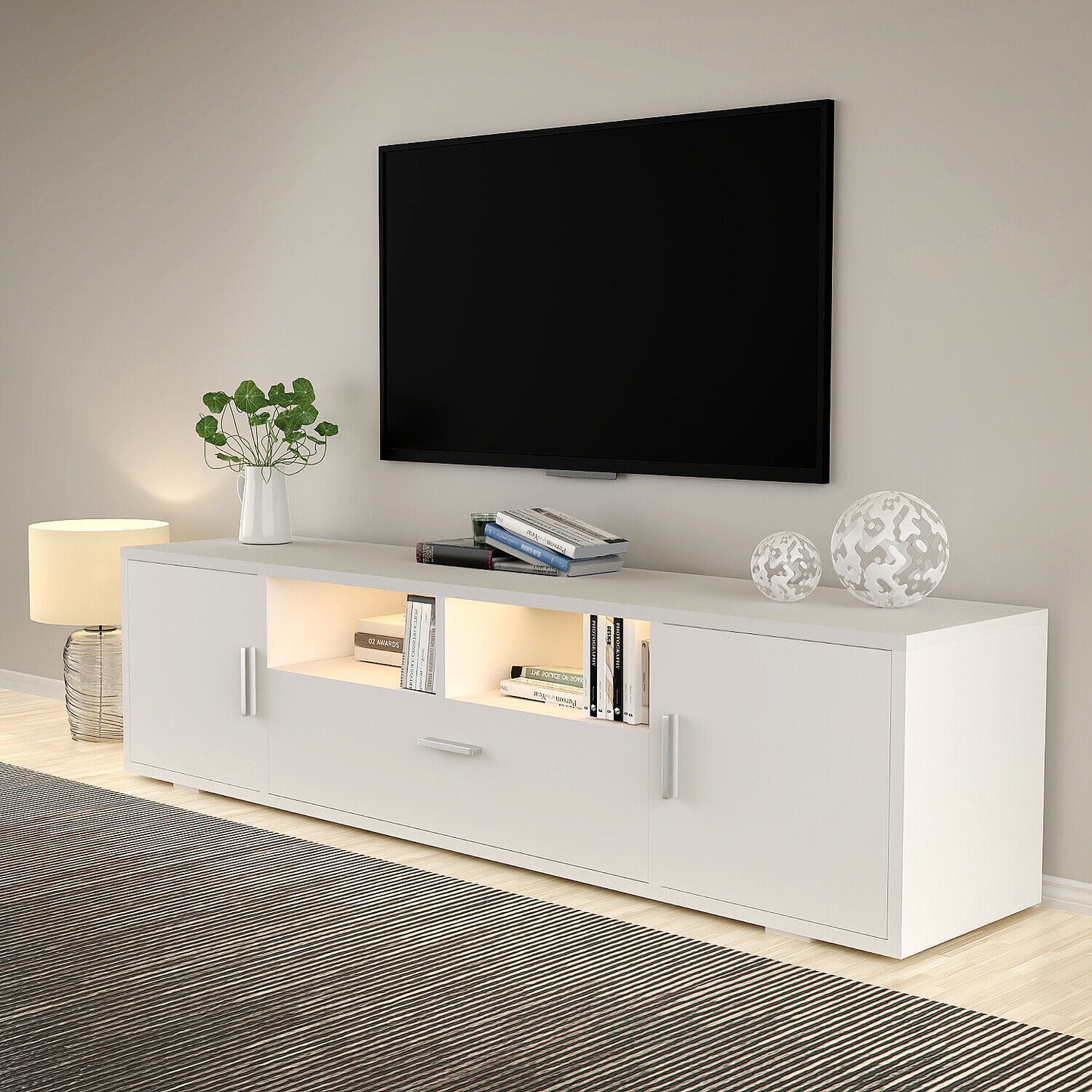 TV Stand 160cm High Gloss TV Unit Cabinet Sideboard With LED Light & Drawers UK