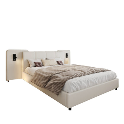 4ft6 Double Slatted Bed Frame, Headboard with Charging Port and Lighting Beige