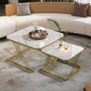 Set of 2 Fuax Marble Nesting Coffee Table Square Side End Tables with Metal Legs